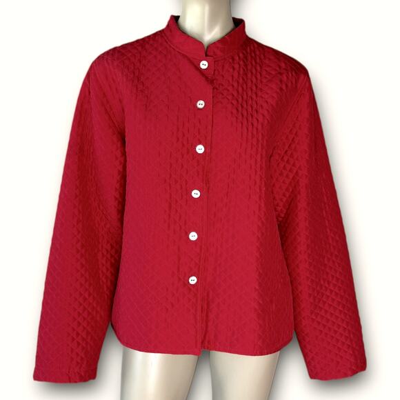 Acorn 100% Silk Quilted Button Up Coat Jacket Lined Lightweight Women Size L Red - Picture 1 of 13
